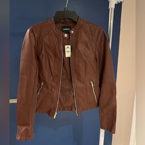 Express Women's Chestnut Brown Faux Leather Moto Jacket